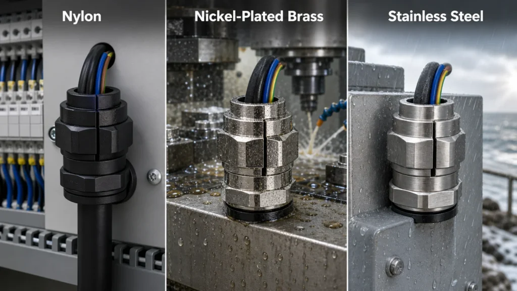 Comparison of nylon, nickel plated brass, and stainless steel split cable glands in industrial and outdoor environments