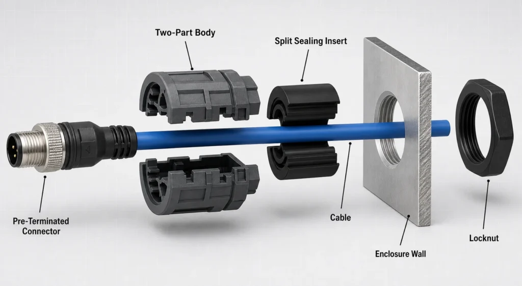 Exploded technical diagram of a split cable gland showing the two part body, split sealing insert, cable, connector, locknut, and enclosure wall