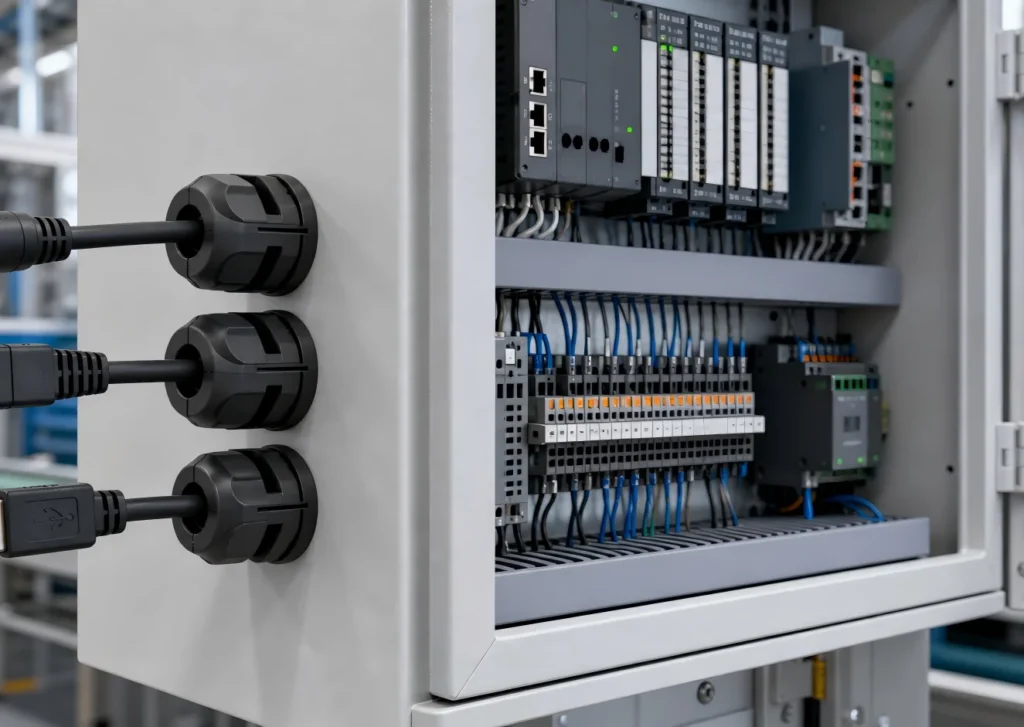Industrial control cabinet using split cable glands to route pre terminated M12, Ethernet, and USB cables through the enclosure wall