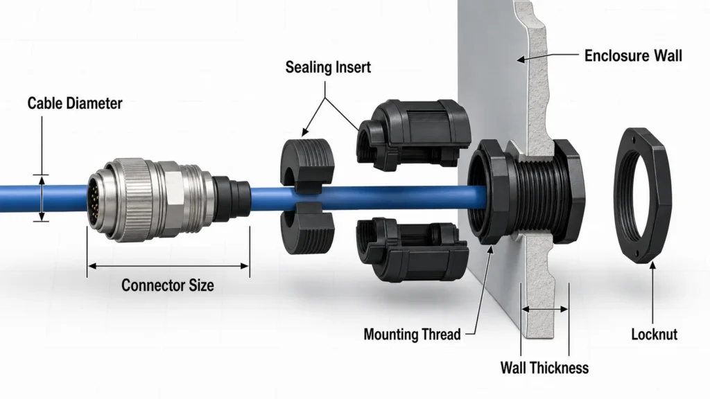 Split cable gland selection diagram showing cable diameter, connector size, sealing insert, thread, enclosure wall, and locknut