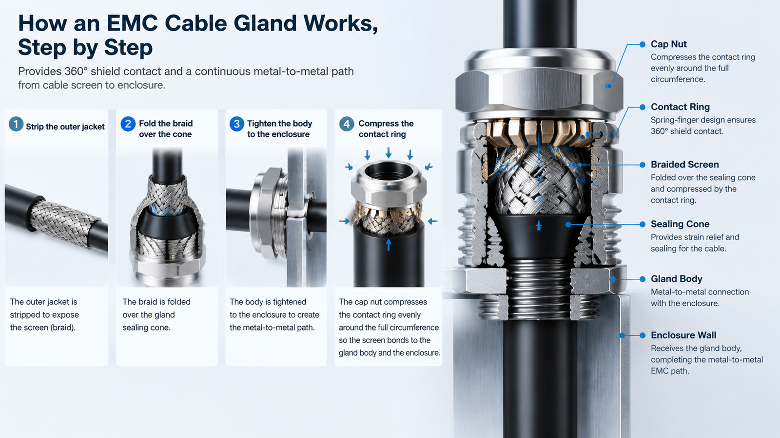 Cross-section illustration of an EMC cable gland showing the cable braid folded back over the sealing cone and compressed by a spring-finger contact ring at 360 degrees, with the screen bonded to the enclosure wall