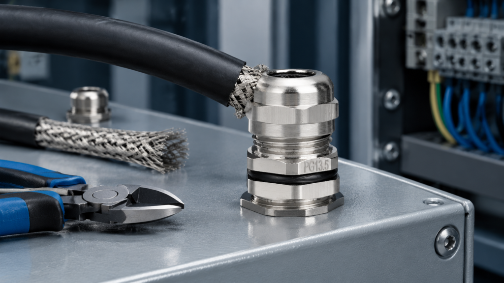 EMC cable gland installation on an industrial enclosure with a shielded cable, exposed braided screen and hand tools