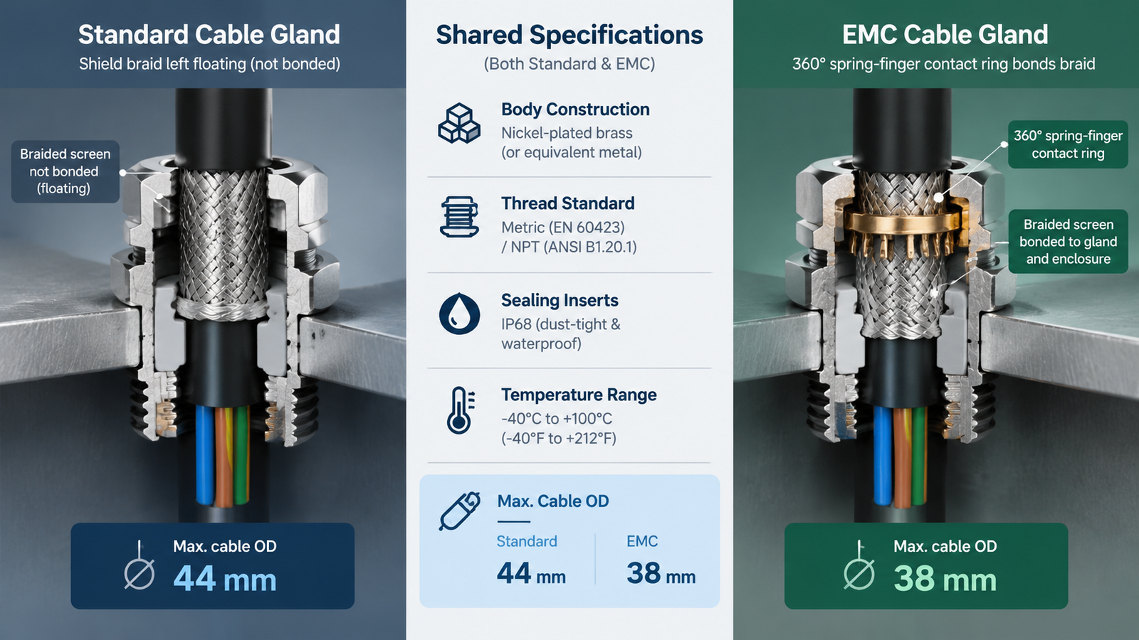 Cutaway comparison of a standard cable gland and an EMC cable gland on an enclosure wall, showing a shielded cable with the braid bonded to a 360 degree contact ring in the EMC version and left floating in the standard version