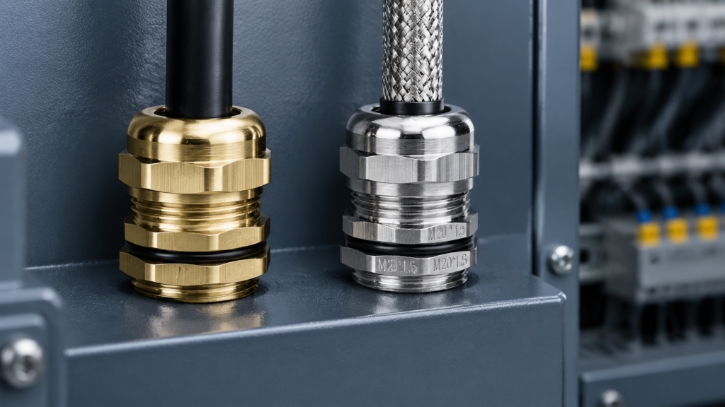 Standard brass cable gland and an M20 EMC cable gland with a shielded cable side by side on an industrial enclosure wall