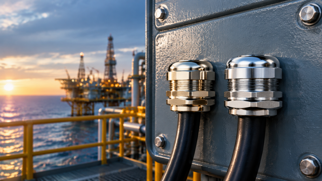 Flameproof cable glands in brass and stainless steel fitted to an enclosure on an offshore platform