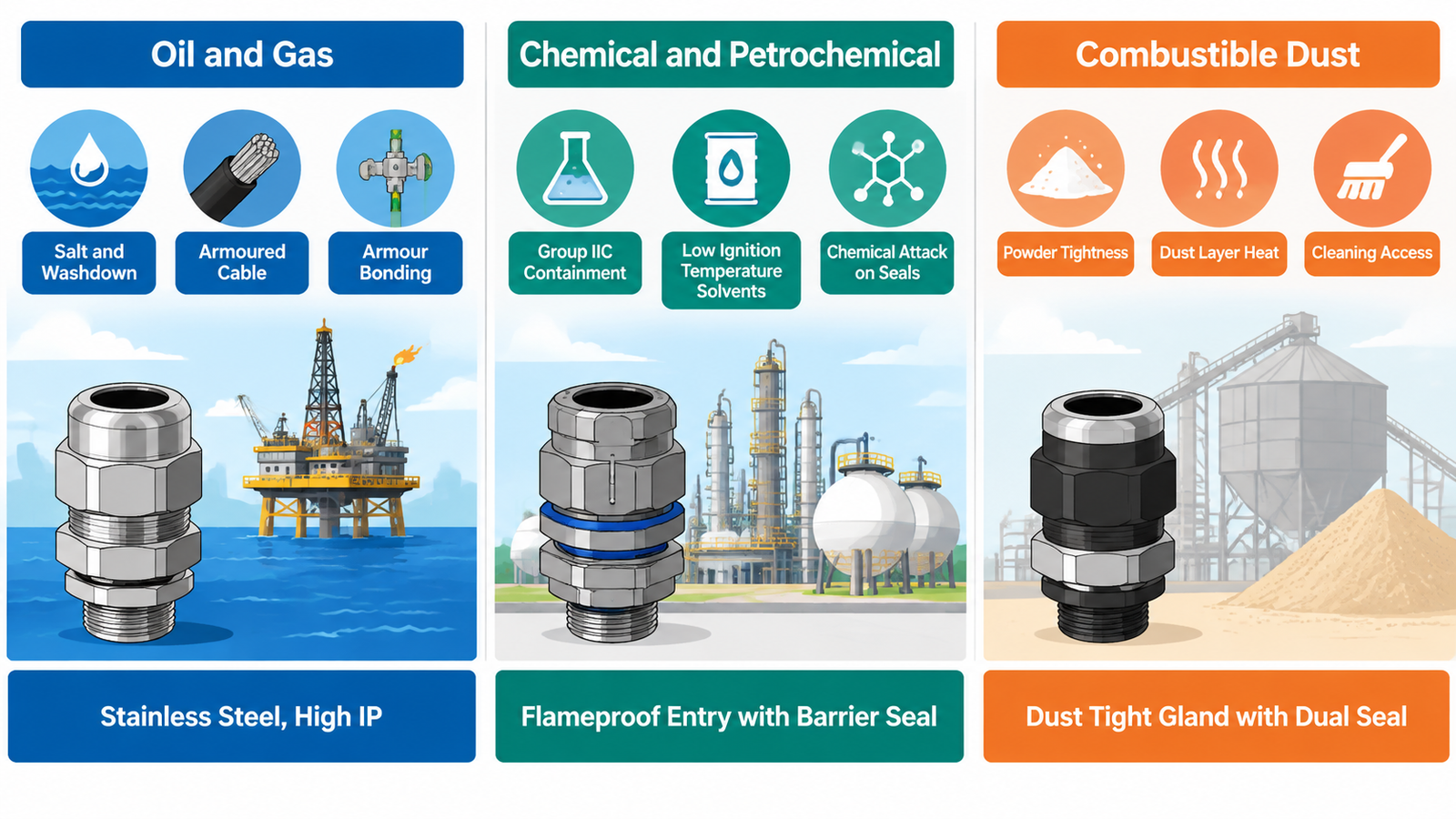 Comparison diagram of cable gland selection priorities for oil and gas, chemical, and combustible dust duty
