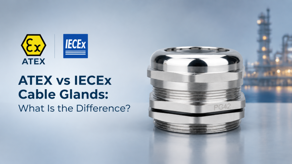 Stainless steel hazardous area cable gland against a refinery background, illustrating ATEX and IECEx cable gland certification