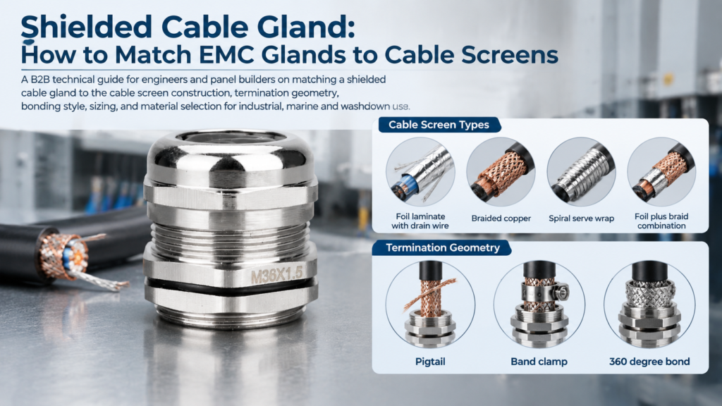 Nickel plated brass EMC cable gland for shielded cables with M36 thread, shown with labelled insets of cable screen types and termination geometry