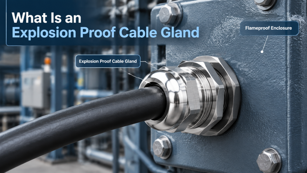 Stainless steel explosion proof cable gland fitted through the wall of a flameproof junction box with the cable entering from the front