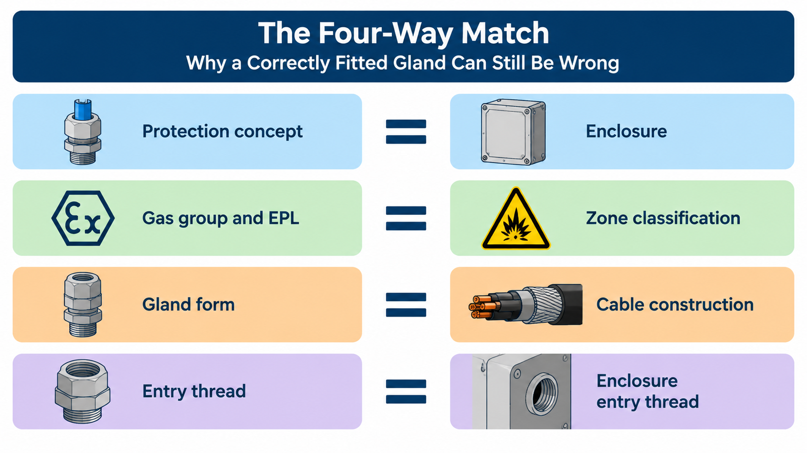 Diagram of the four compatibility checks for explosion proof cable glands: protection concept, gas group and EPL, gland form and entry thread