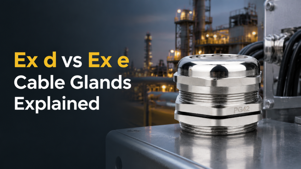 Stainless steel hazardous area cable gland installed on an enclosure in a process plant, illustrating an Ex d versus Ex e cable gland comparison