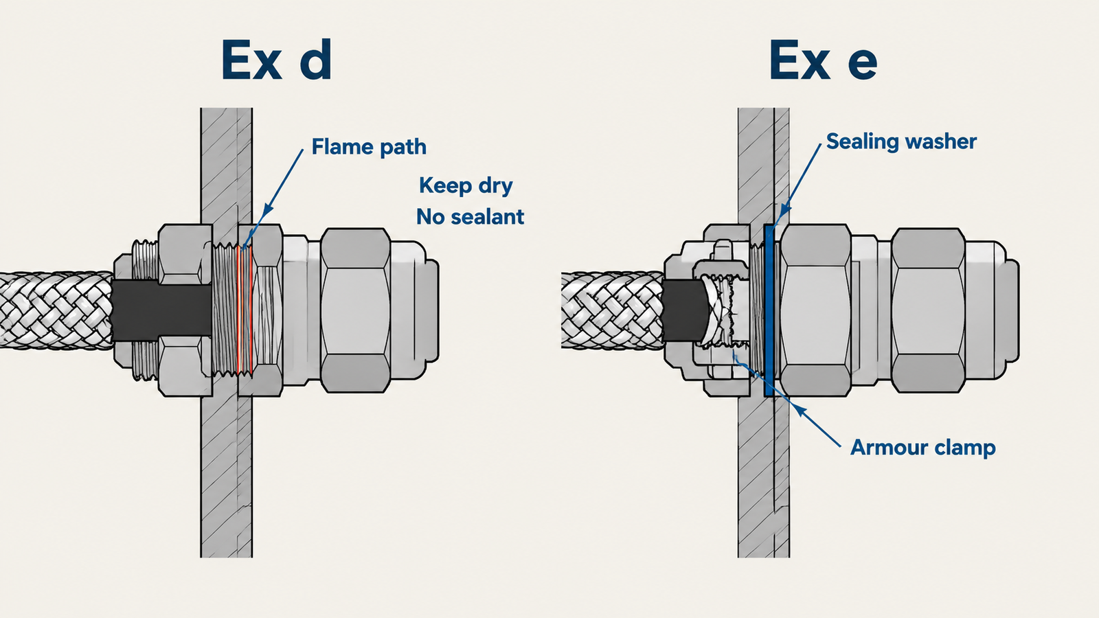 Side-by-side diagram of a flameproof and an increased safety cable gland entry, showing a dry flame path thread on the Ex d side and a sealing washer with armour clamp on the Ex e side