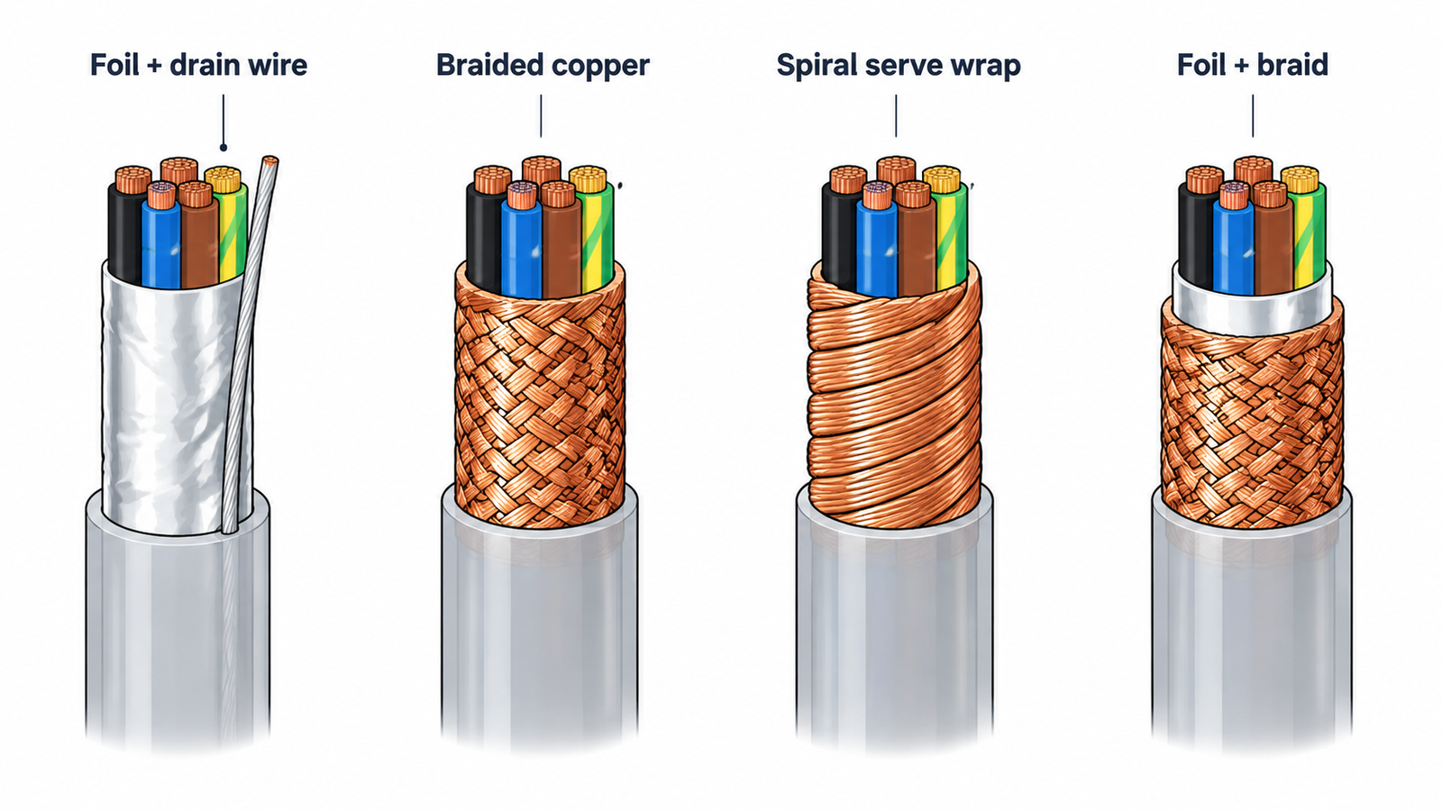 Cutaway comparison diagram of four shielded cable screen constructions side by side: aluminium foil laminate with a bare tinned drain wire, woven copper braid, helically wound spiral serve wrap, and a foil plus braid combination, each shown as a layered cross-section over the cable cores