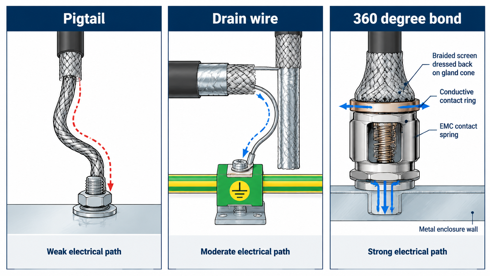 Comparison diagram of three cable screen termination methods into a cable gland: a long twisted braid pigtail bonded to a stud, a drain wire landing on an earth terminal, and a braid dressed back over the gland cone and clamped by a full 360-degree conductive contact ring against a metal enclosure wall