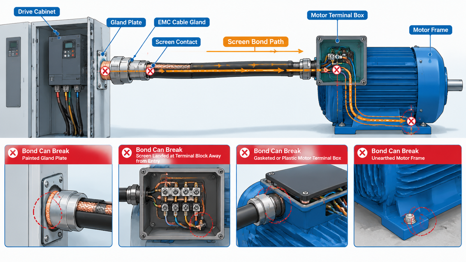 Diagram of a VFD motor cable bond path running from the drive enclosure through an EMC cable gland and copper tape screen to the motor terminal box and motor frame, with the points where the bond can break marked along the route