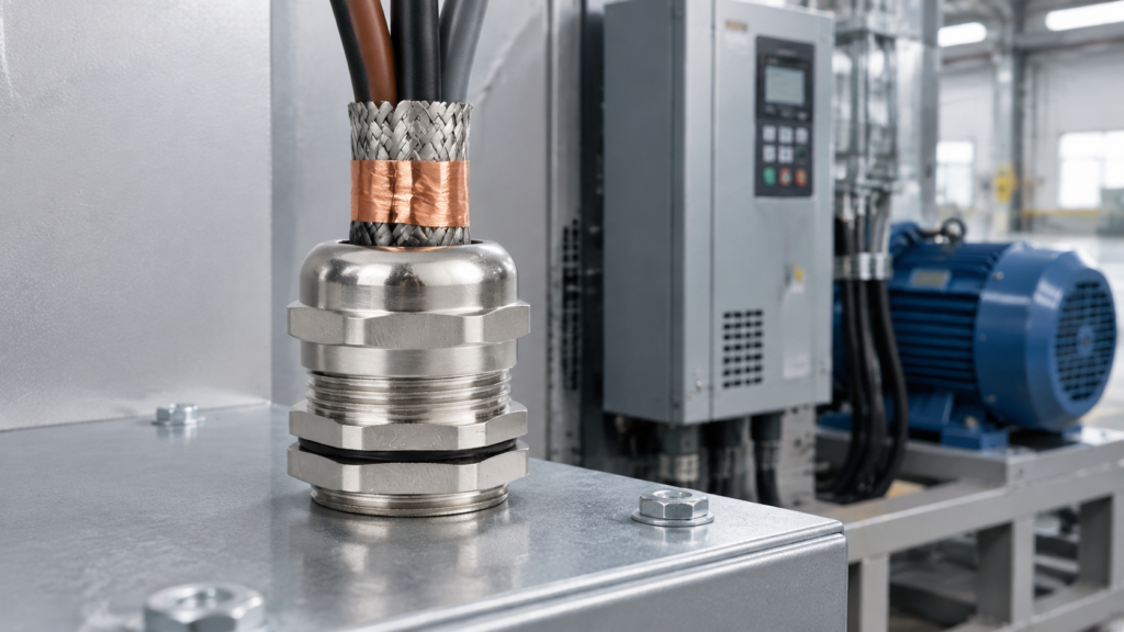 EMC cable gland mounted on a bare metal drive cabinet gland plate with shielded VFD motor cable and exposed copper tape screen