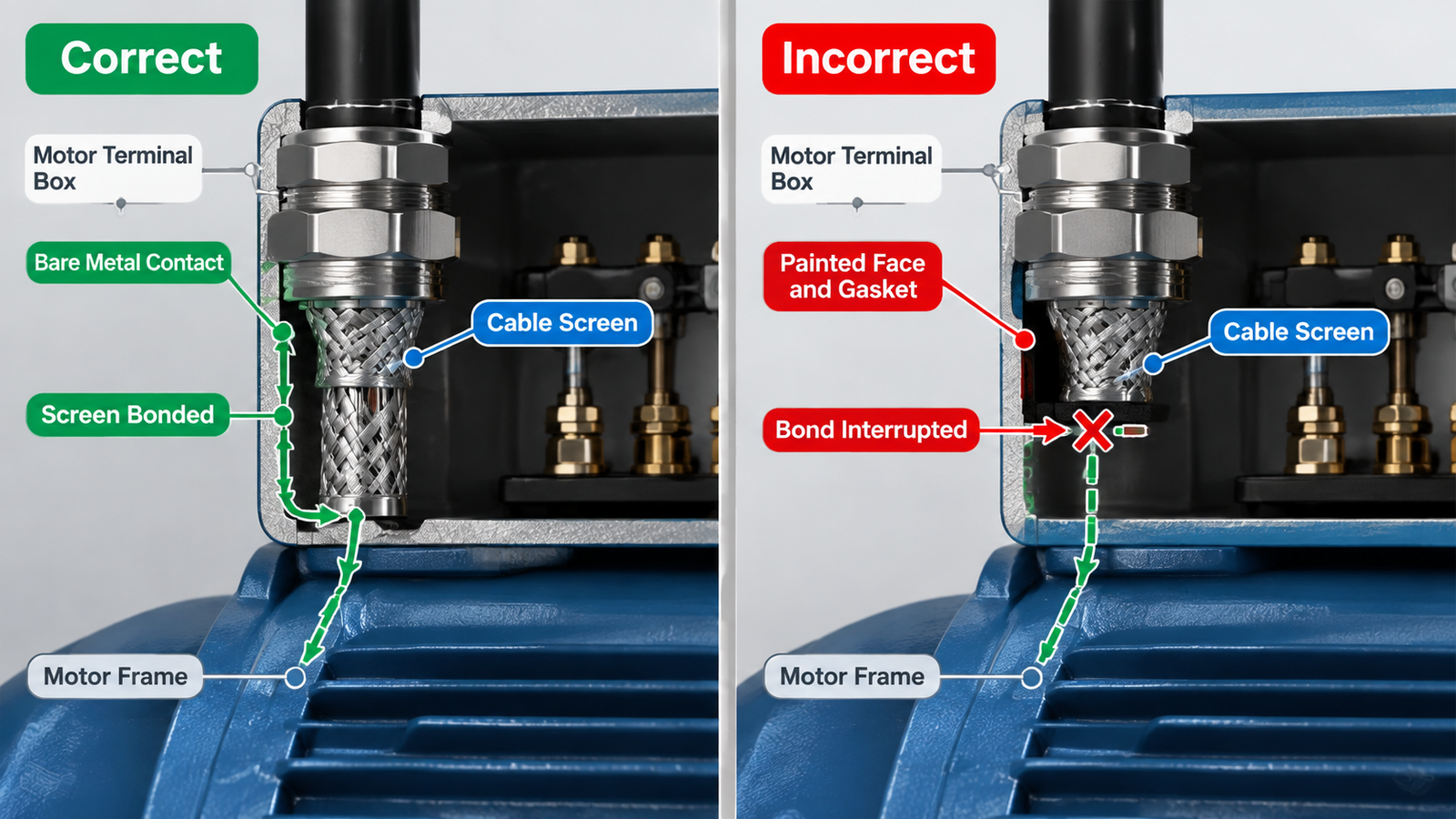 Cross-section comparison of a motor terminal box with an EMC cable gland correctly seated on bare metal against the same gland seated on a painted face and a gasket, showing where the screen bond is interrupted