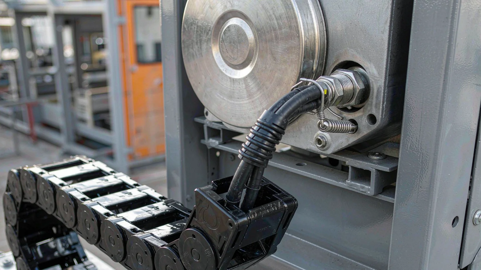 Cable leaving an energy chain carrier and passing through a stainless gland into a machine housing with a clamp