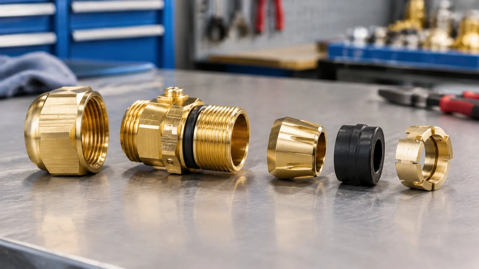 Flameproof brass cable gland disassembled into its components on a workshop bench