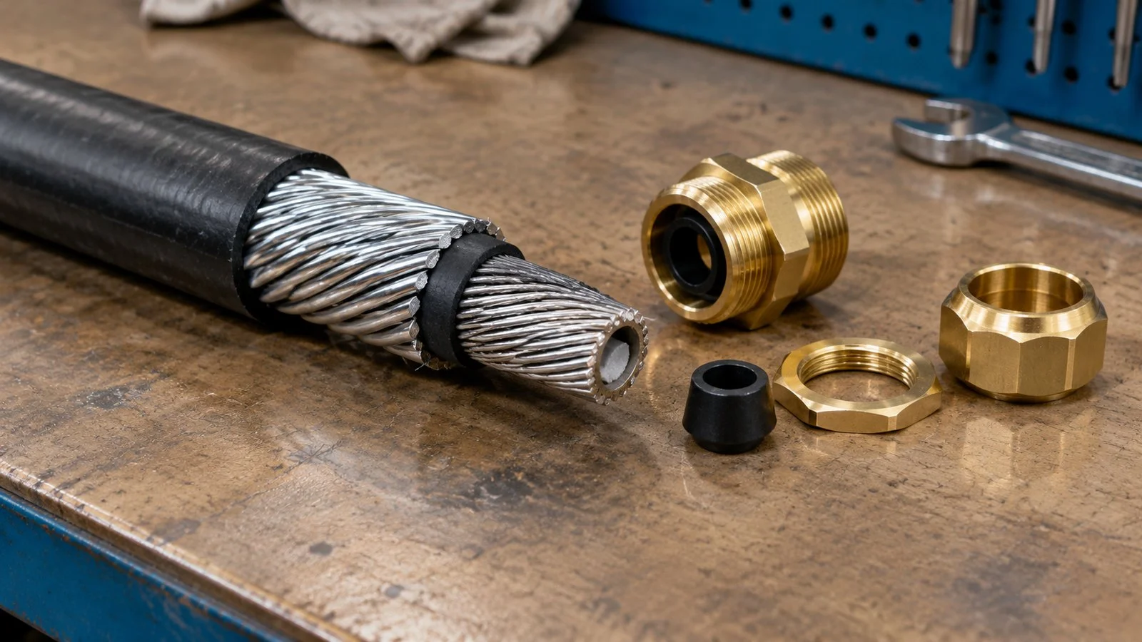 Steel wire armoured cable stripped to expose the wire armour over the bedding