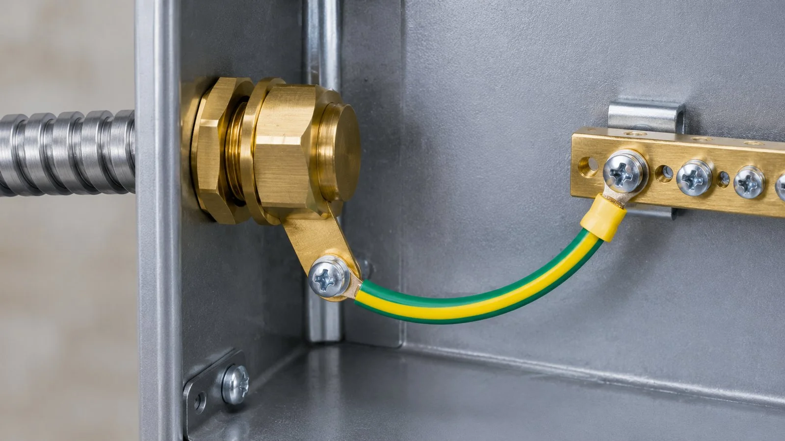 Brass cable gland inside an enclosure with earth tag and earth lead to the bar
