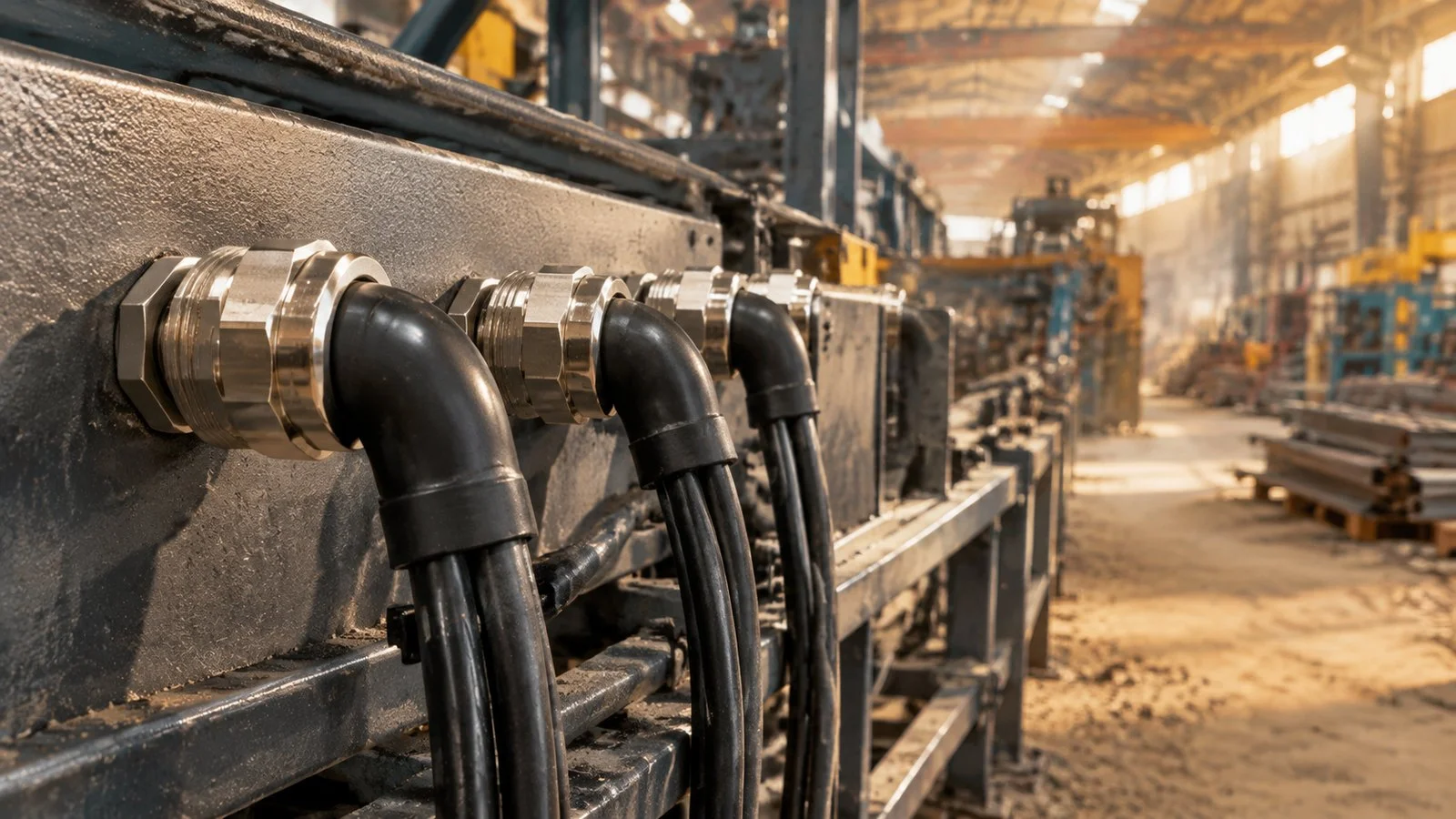 Nickel plated brass cable glands with shrouds on a steel fabrication line
