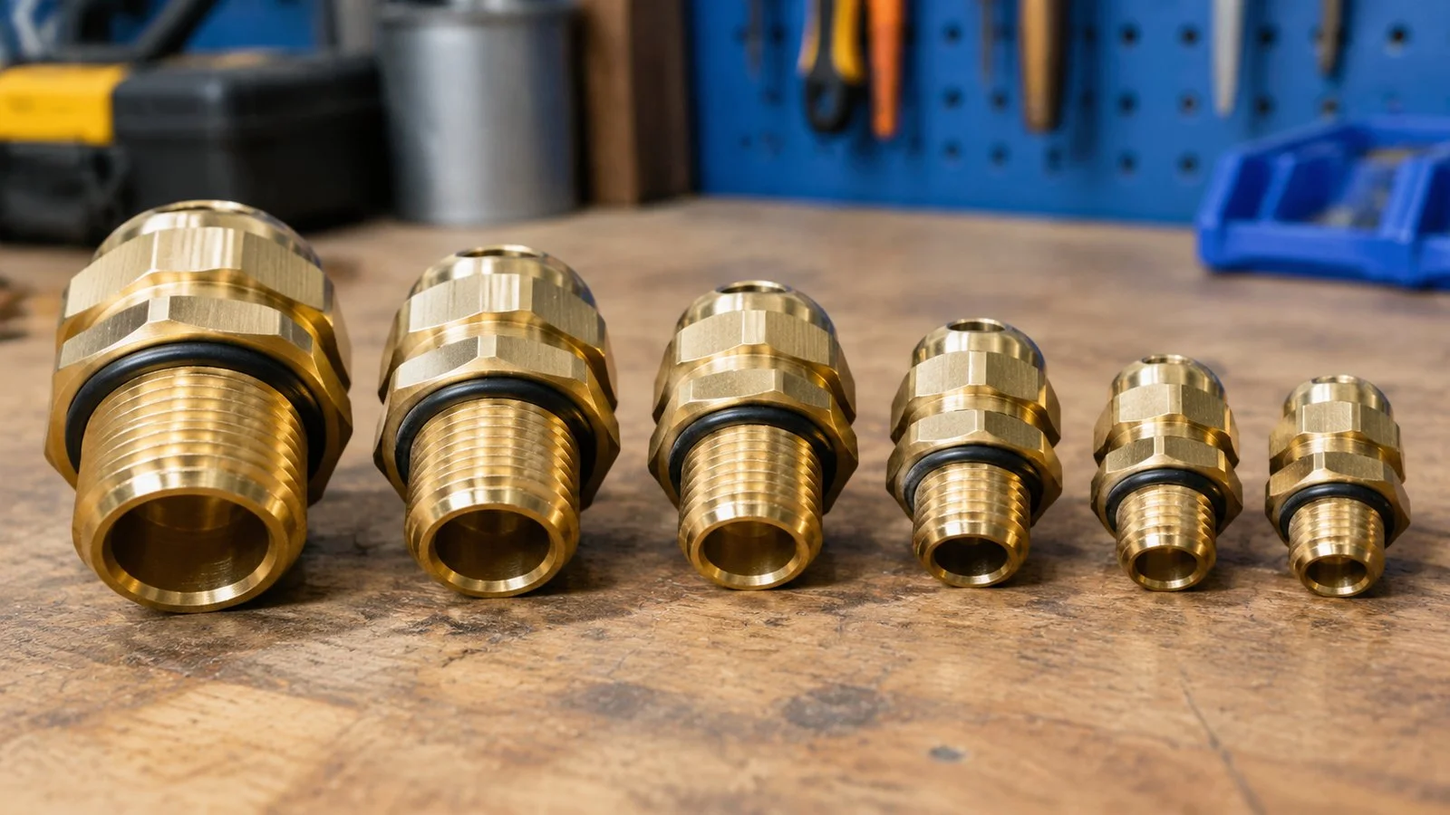 Brass cable glands of different thread diameters side by side