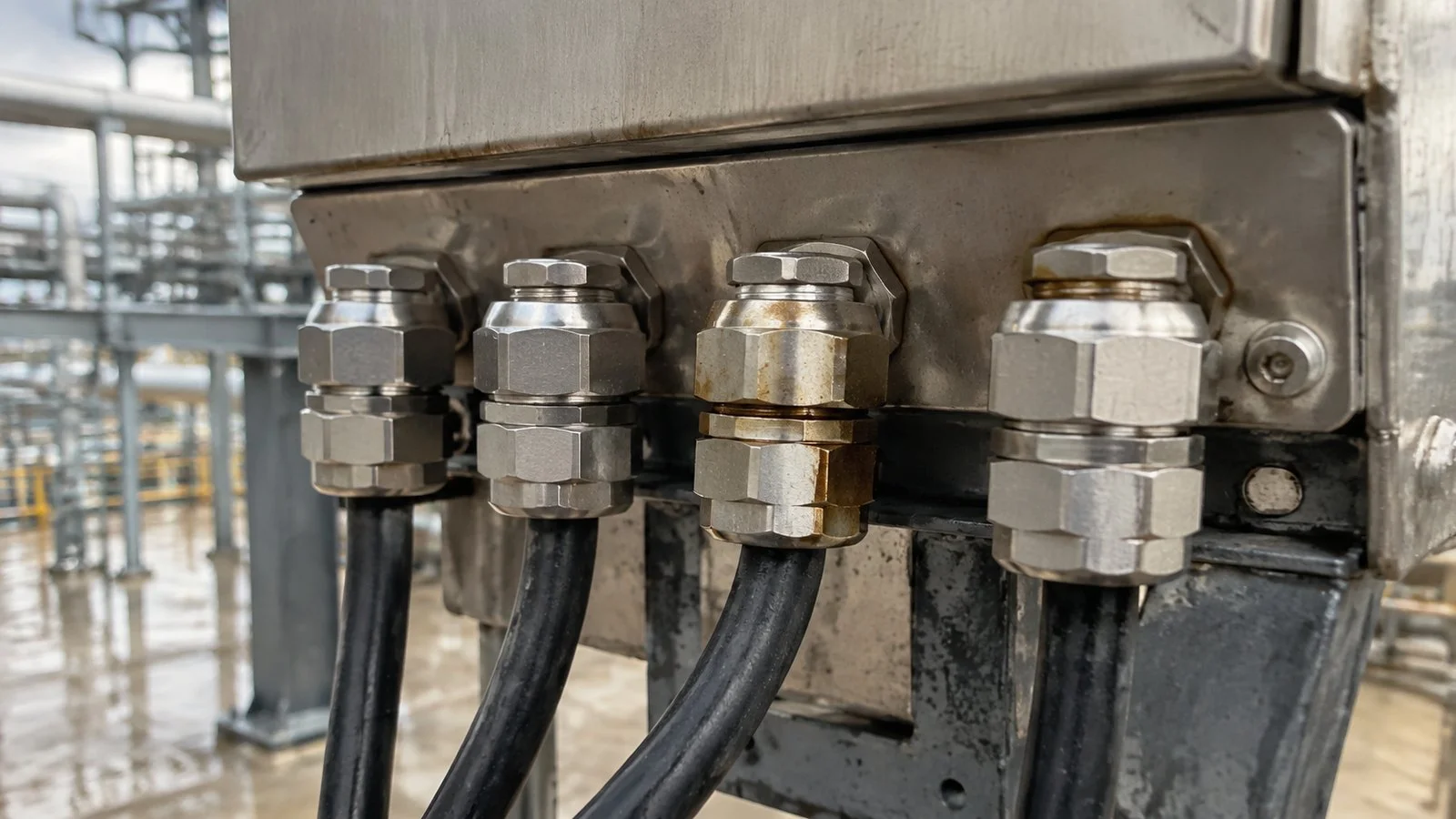 Stainless steel cable glands in service on an outdoor chemical plant enclosure