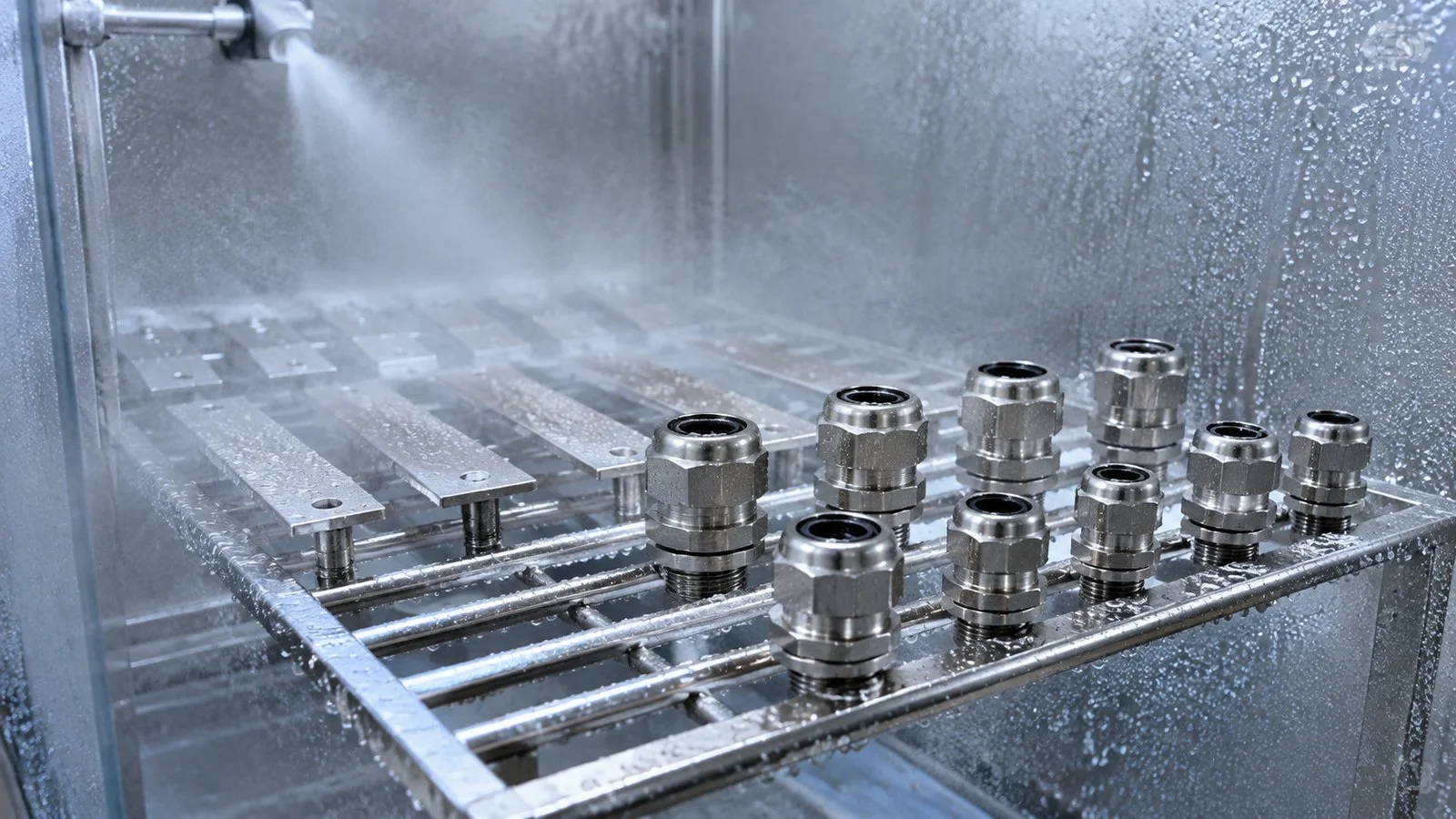 Gland samples on a rack inside a neutral salt spray chamber
