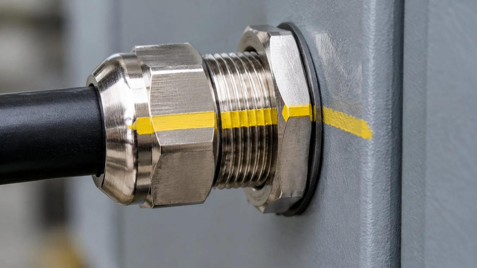 A paint stripe across body, locknut and panel proves the joint has not rotated, but says nothing about preload.