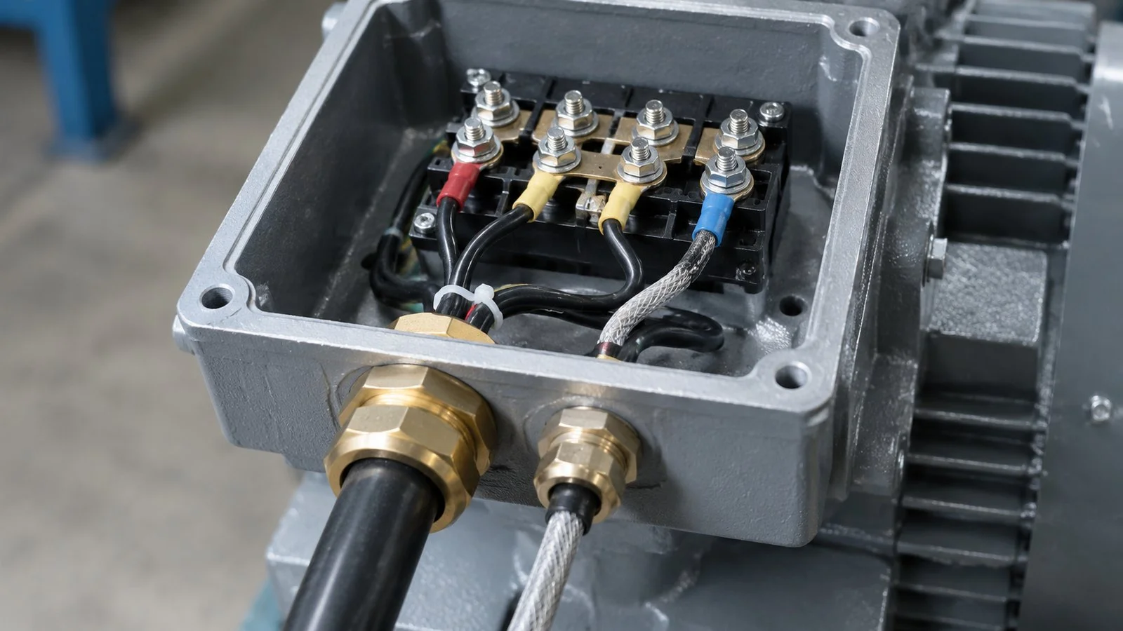 One thick power cable and one screened feedback cable, each through its own gland at its own size.
