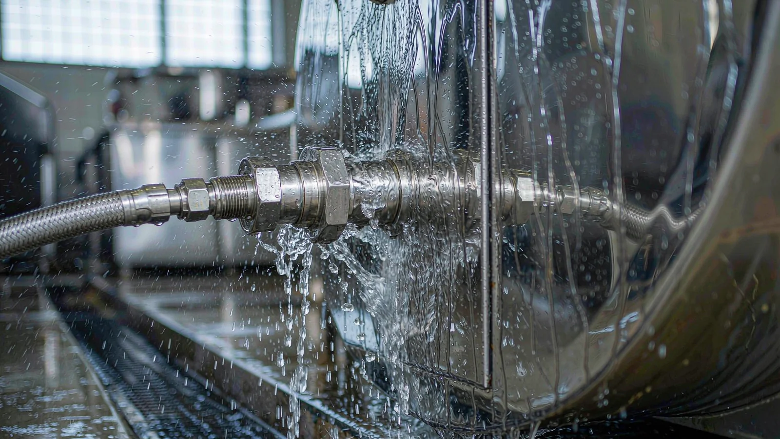 Stainless steel cable gland on a food machine enclosure with water spray running over it