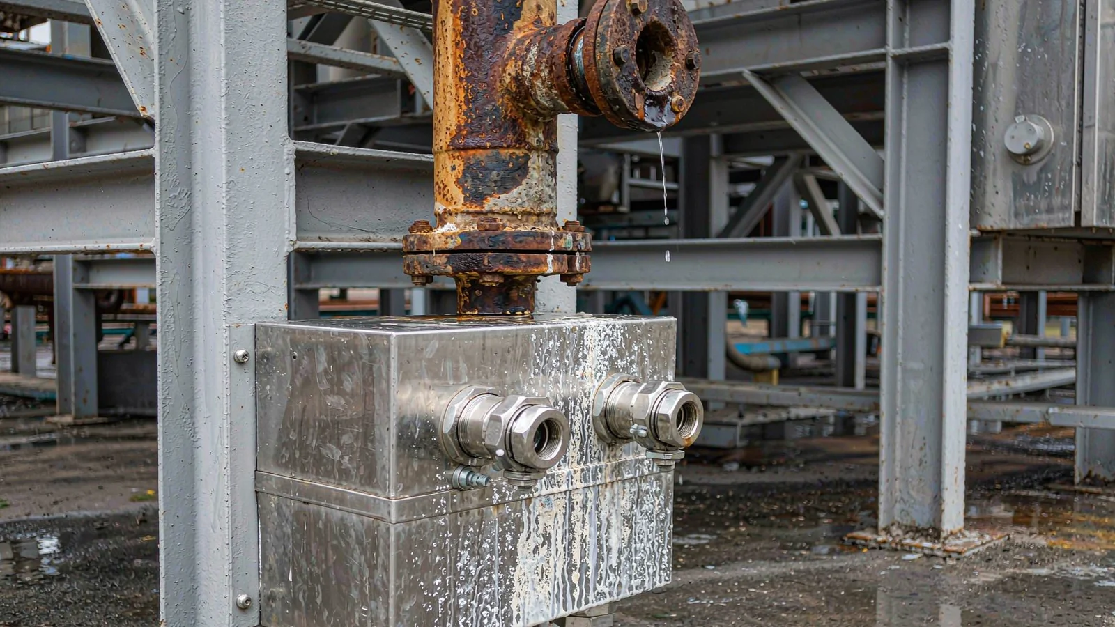 Stainless junction box with two stainless cable glands below a corroded dripping pipe flange