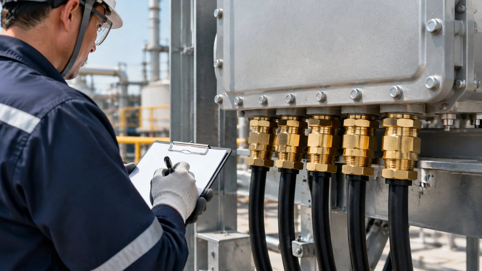 Technician recording the inspection of completed flameproof cable glands