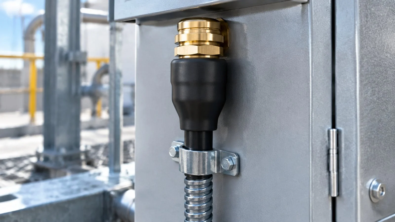 Brass cable gland with shroud and the incoming cable clamped below the entry