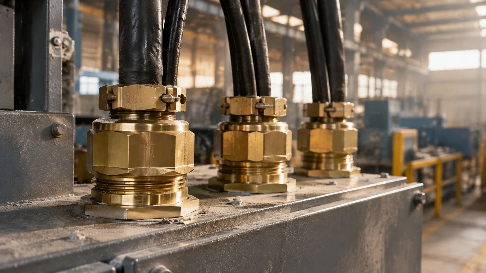 Heavy duty plated brass cable glands on a machine frame in a production hall