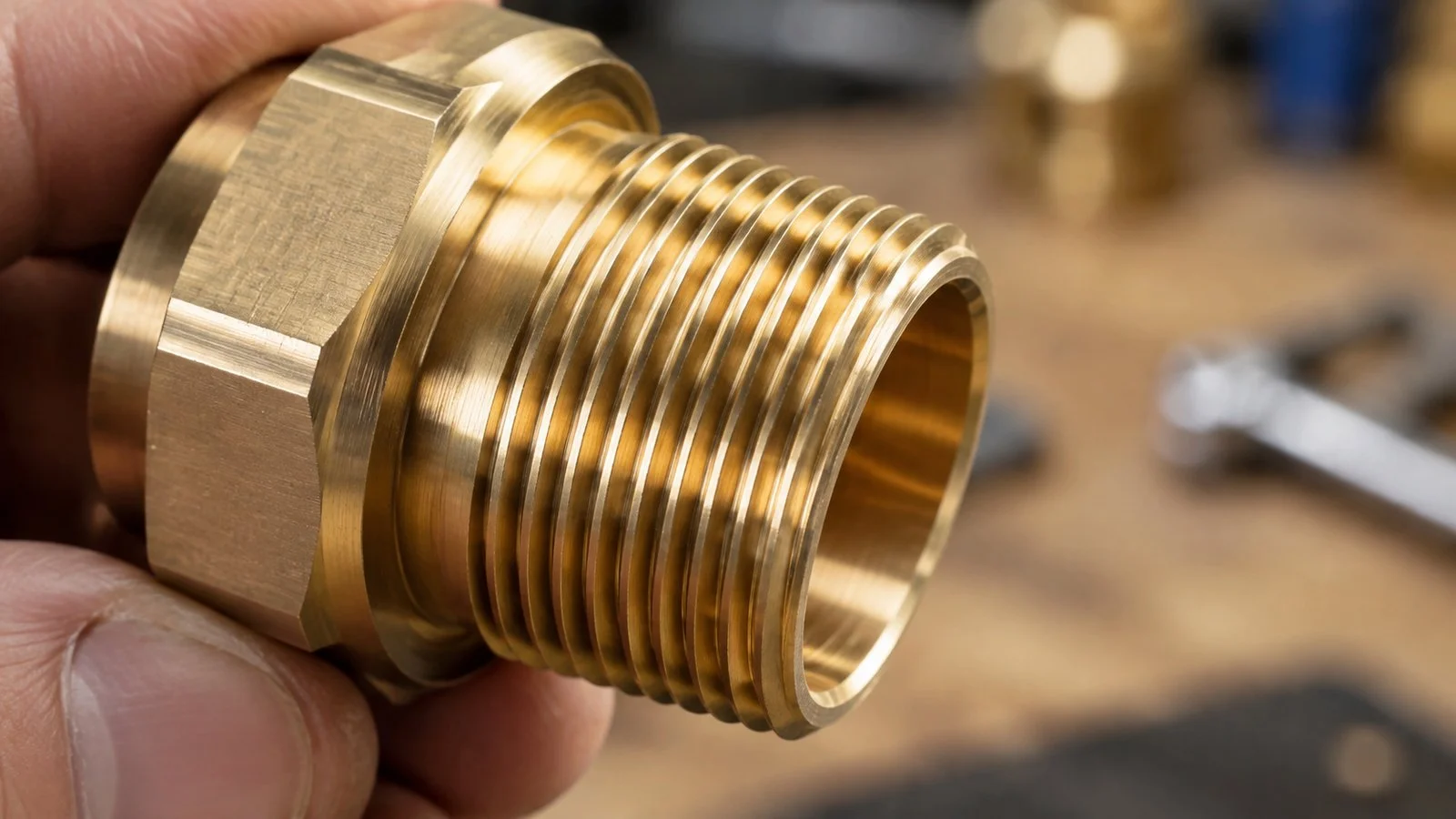 Close view of a machined brass thread on a cable gland body
