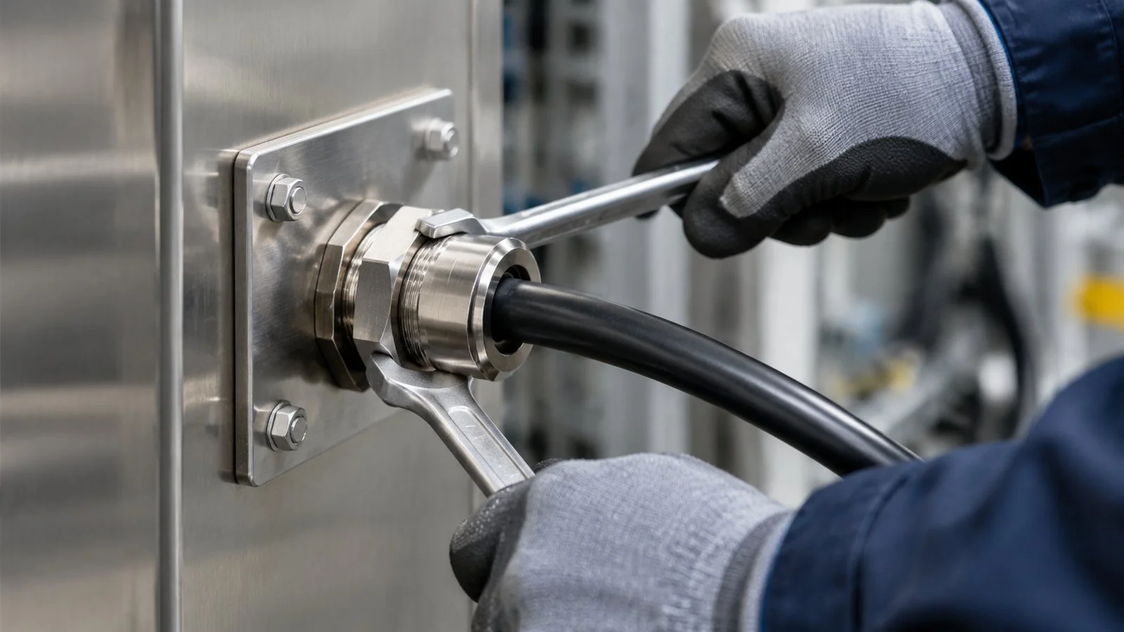 Two wrenches on a stainless gland: one holds the body, one turns the dome nut, so the torque goes into the seal and not into the panel thread