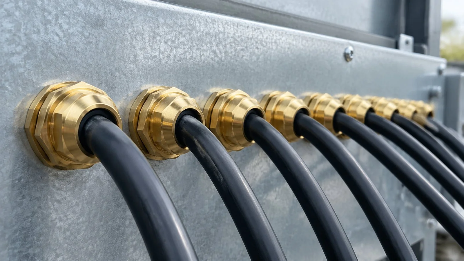 A row of M20 entries in a galvanised panel