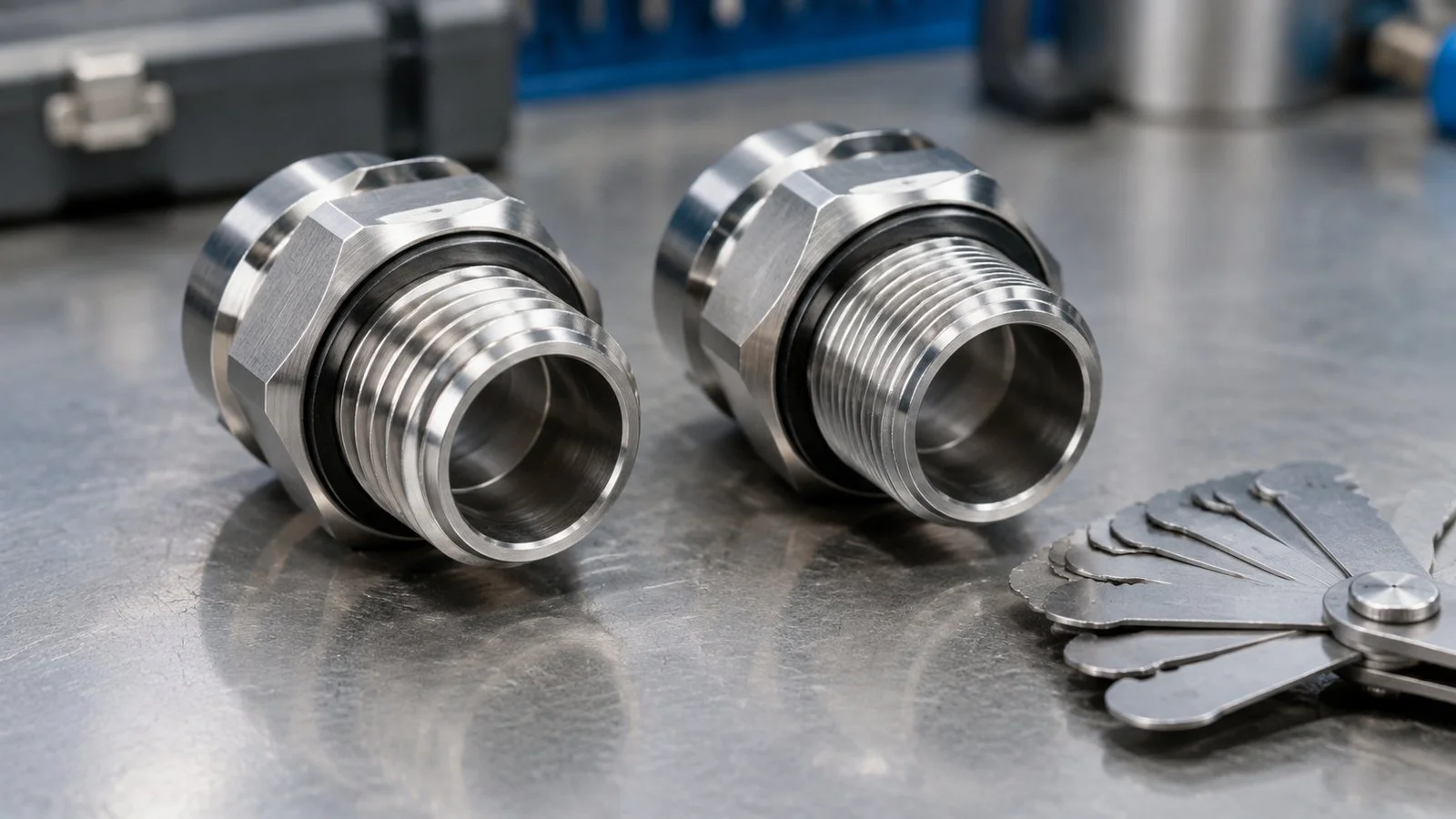 Two glands and a thread gauge: measuring the outside diameter across the crests is the fastest way to separate M20 from PG13