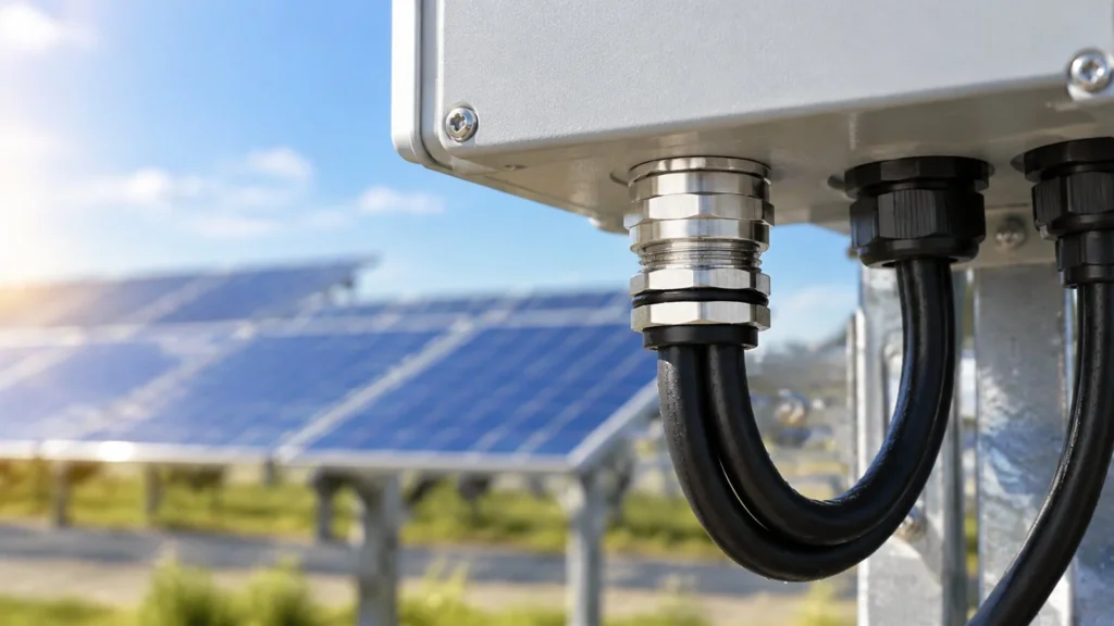 Stainless steel cable glands entering the underside of a photovoltaic combiner box with cables in a drip loop