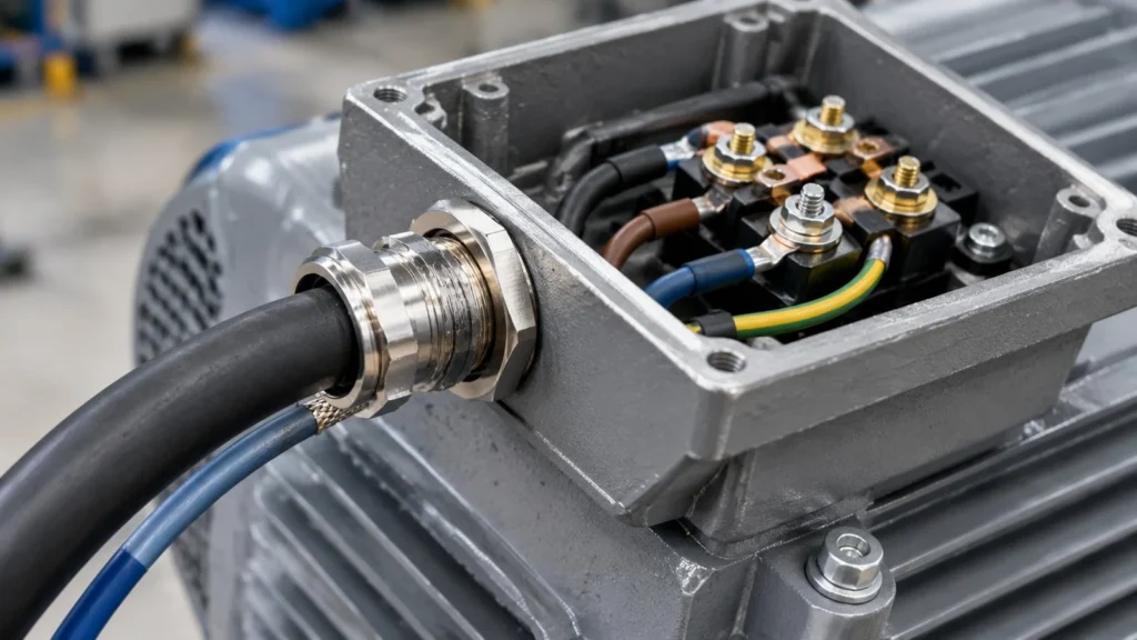 Brass cable gland entering the terminal box of a cast aluminium electric motor with the winding leads visible