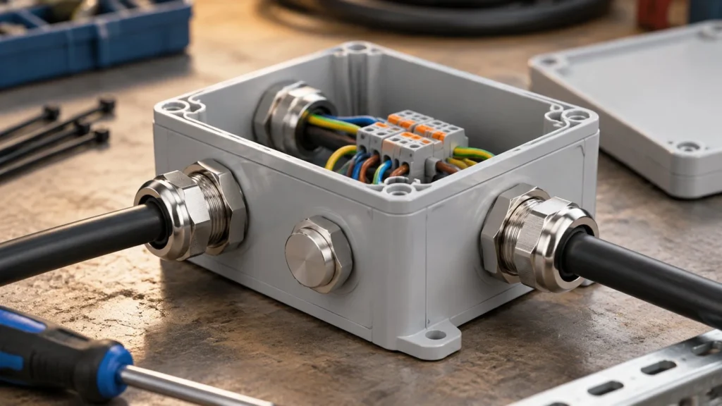 Grey junction box with brass cable glands on different faces, a terminal block inside and a blanking plug in a spare entry