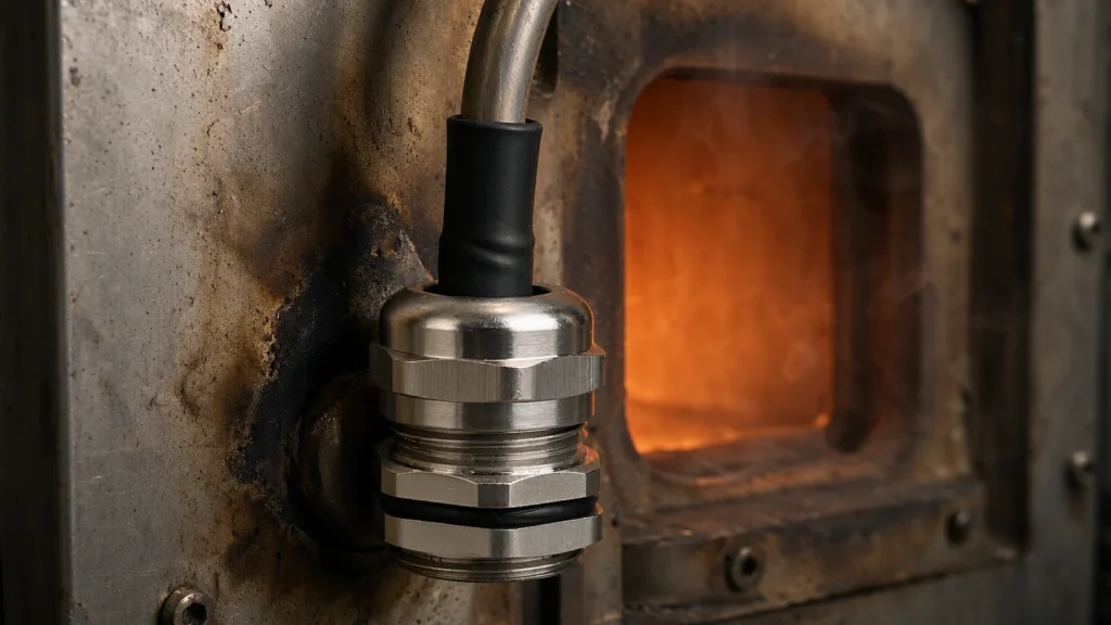 316 stainless steel cable gland fitted to a discoloured furnace wall with orange heat glow behind it