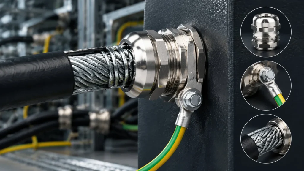Armoured cable gland with earth tag and green yellow earth conductor bolted to the enclosure