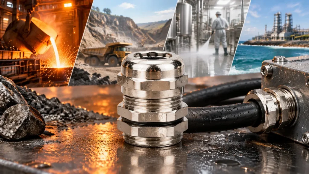 Nickel plated brass cable gland against foundry, quarry, washdown and coastal industrial settings