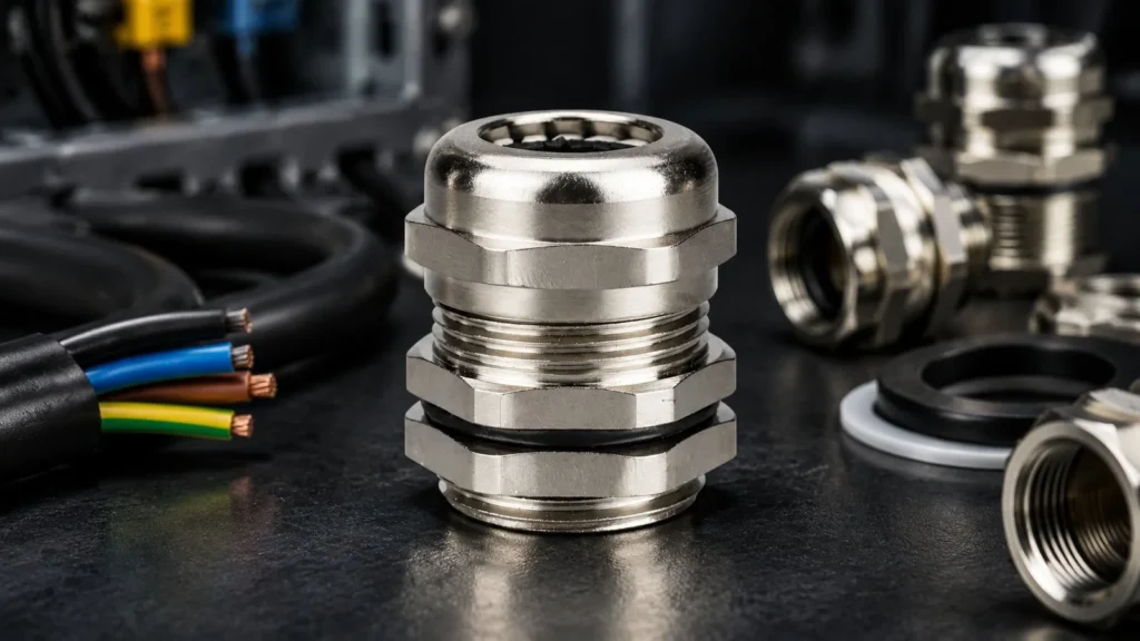 Nickel plated brass cable gland with other gland sizes and seals arranged on a workbench