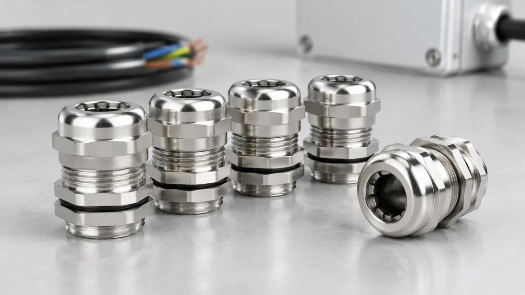 Nickel plated brass metric cable glands with one lying on its side