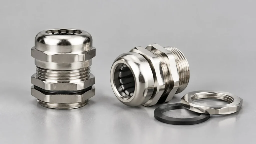 Two nickel plated brass cable glands with locknut and sealing washer