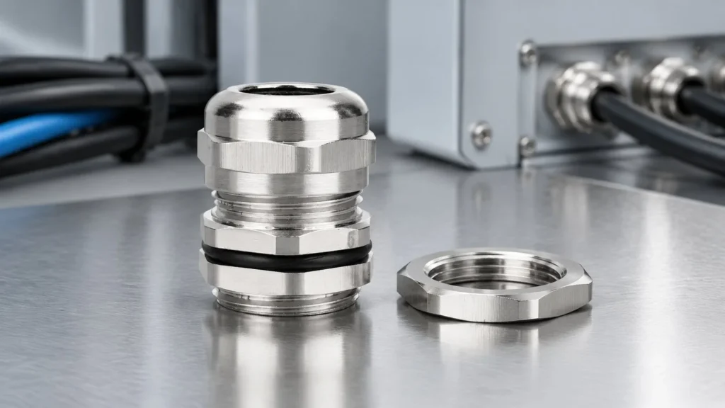 Stainless steel PG thread cable gland with matching locknut on a metal surface